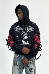 Custom Men Gothic Distressed Zip Up Hoodie, Spike Shoulder Strap Frayed Ribbon Dark Punk Streetwear Hooded Jacket