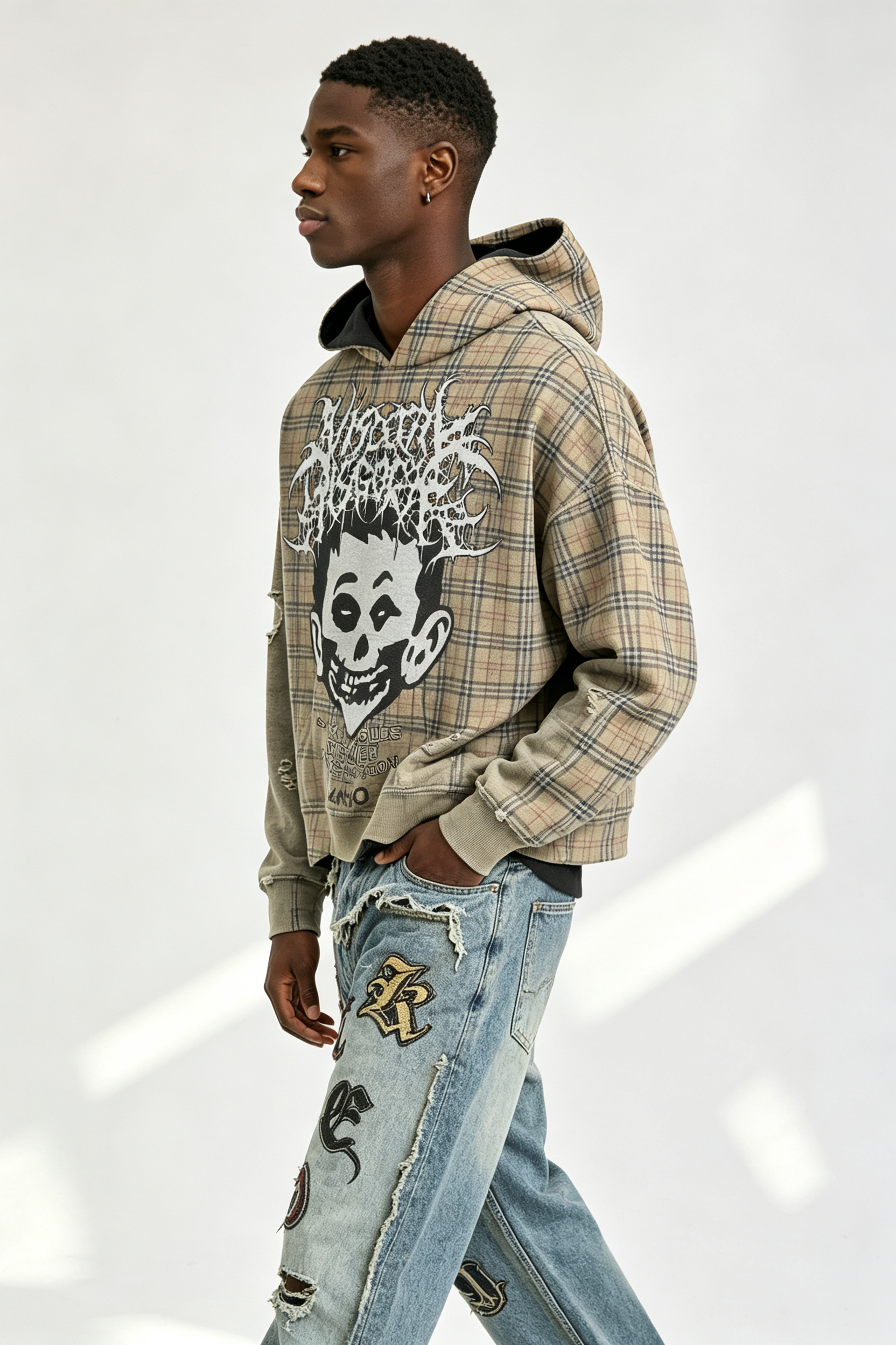 Custom Men Plaid Gothic Skull Portrait Hoodie, Contrast Lining Heavy Fleece Cropped Oversized Streetwear Pullover Sweatshirt