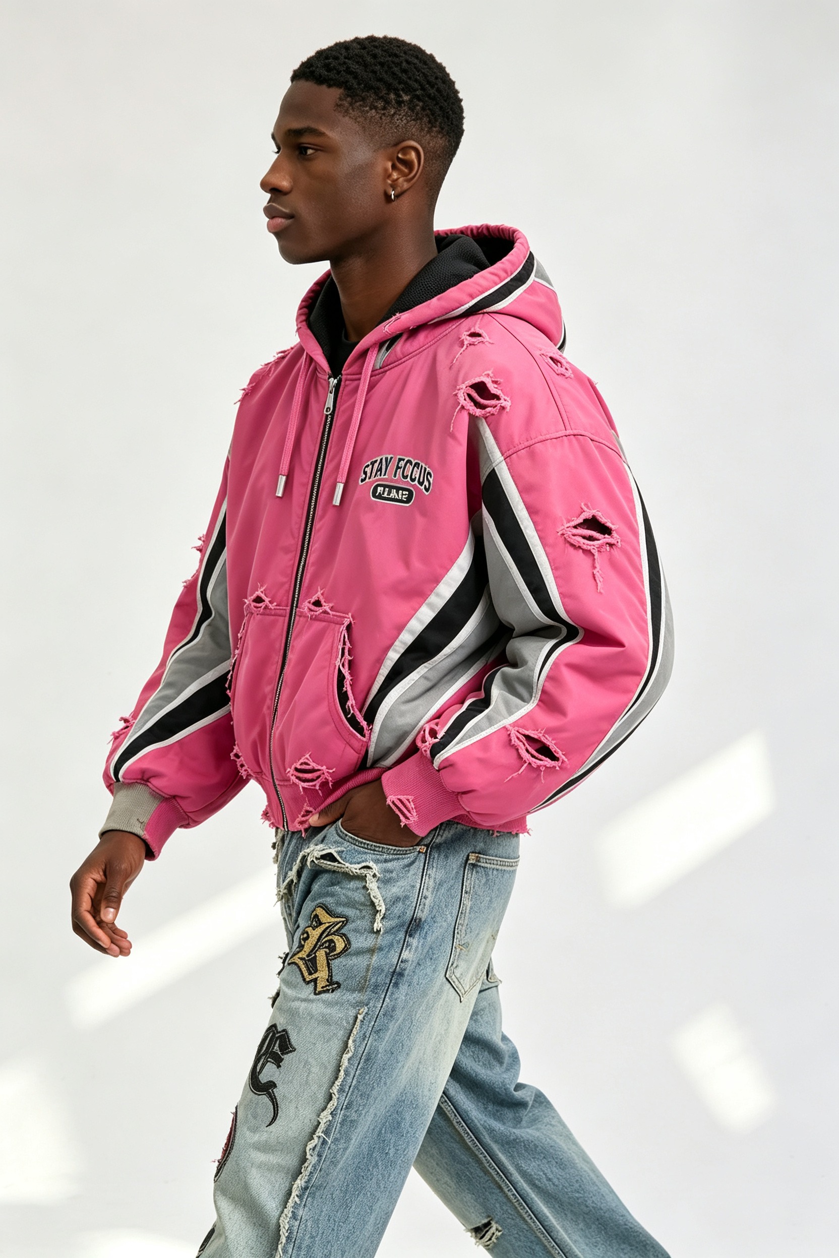 Custom Men Pink Color Block Destroyed Hooded Bomber Jacket, Frayed Ripped Streetwear Zip Up Cropped Padded Coat