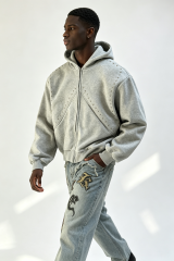 Custom Men Grey Studded Zip Up Hoodie, Metal Rivet Decor Heavy Fleece Cropped Oversized Streetwear Jacket