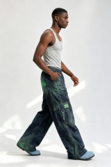 Custom Men Vintage Acid Wash Wide Leg Cargo Pants, Gradient Green Crinkle Fabric Multi-Pocket Streetwear Trousers