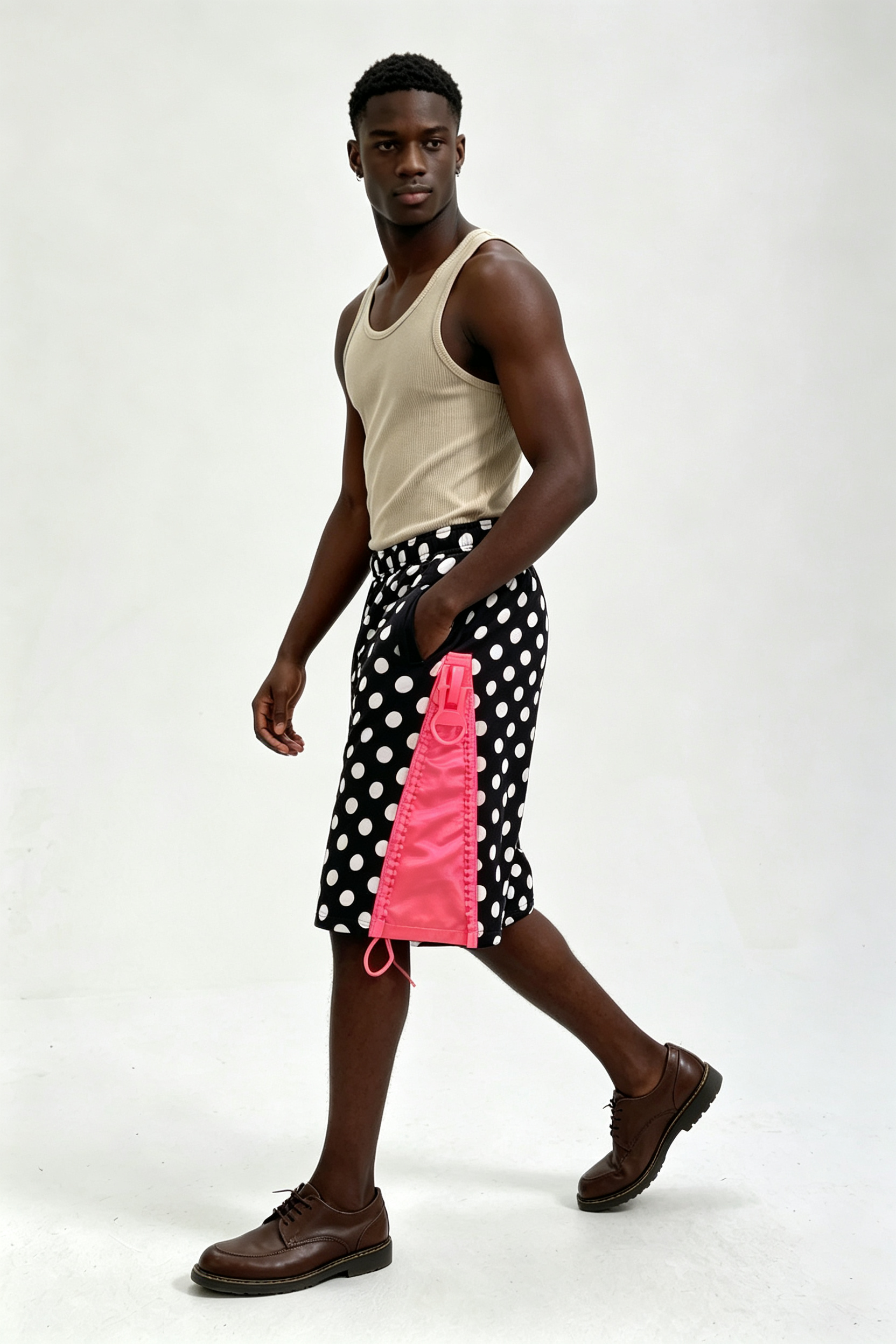 Custom Men Polka Dot Streetwear Shorts, Contrast Pink Cargo Panel Loose Fit Casual Shorts