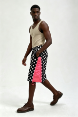 Custom Men Polka Dot Streetwear Shorts, Contrast Pink Cargo Panel Loose Fit Casual Shorts