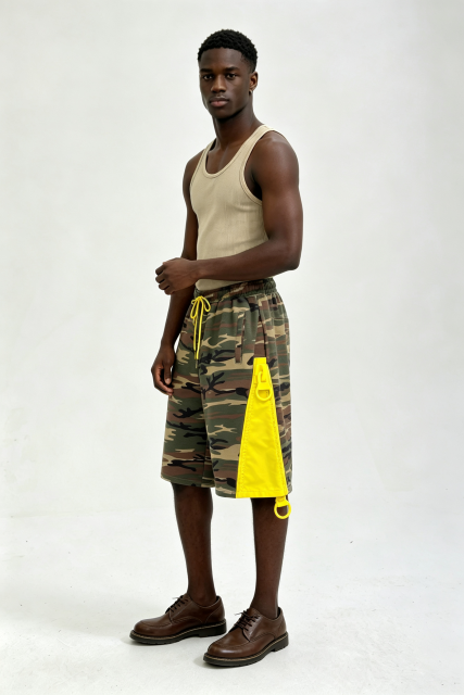 Custom Men Camo Streetwear Shorts, Contrast Yellow Side Panel Loose Fit Casual Shorts