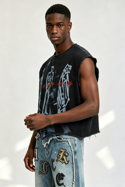 Custom Men Vintage Distressed Sleeveless Tank Top, Grunge Figure Print Raw Edge Cropped Streetwear Vest
