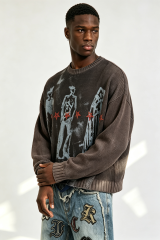 Custom Men Vintage Washed Crewneck Knit Sweater, Grunge Figure Print Distressed Streetwear Jumper