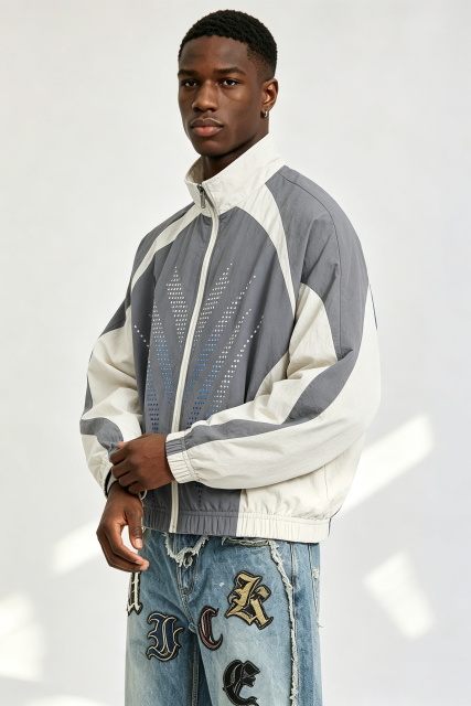 Custom Men Color Block Rhinestone Track Jacket, Stand Collar Zip Up Retro Streetwear Windbreaker