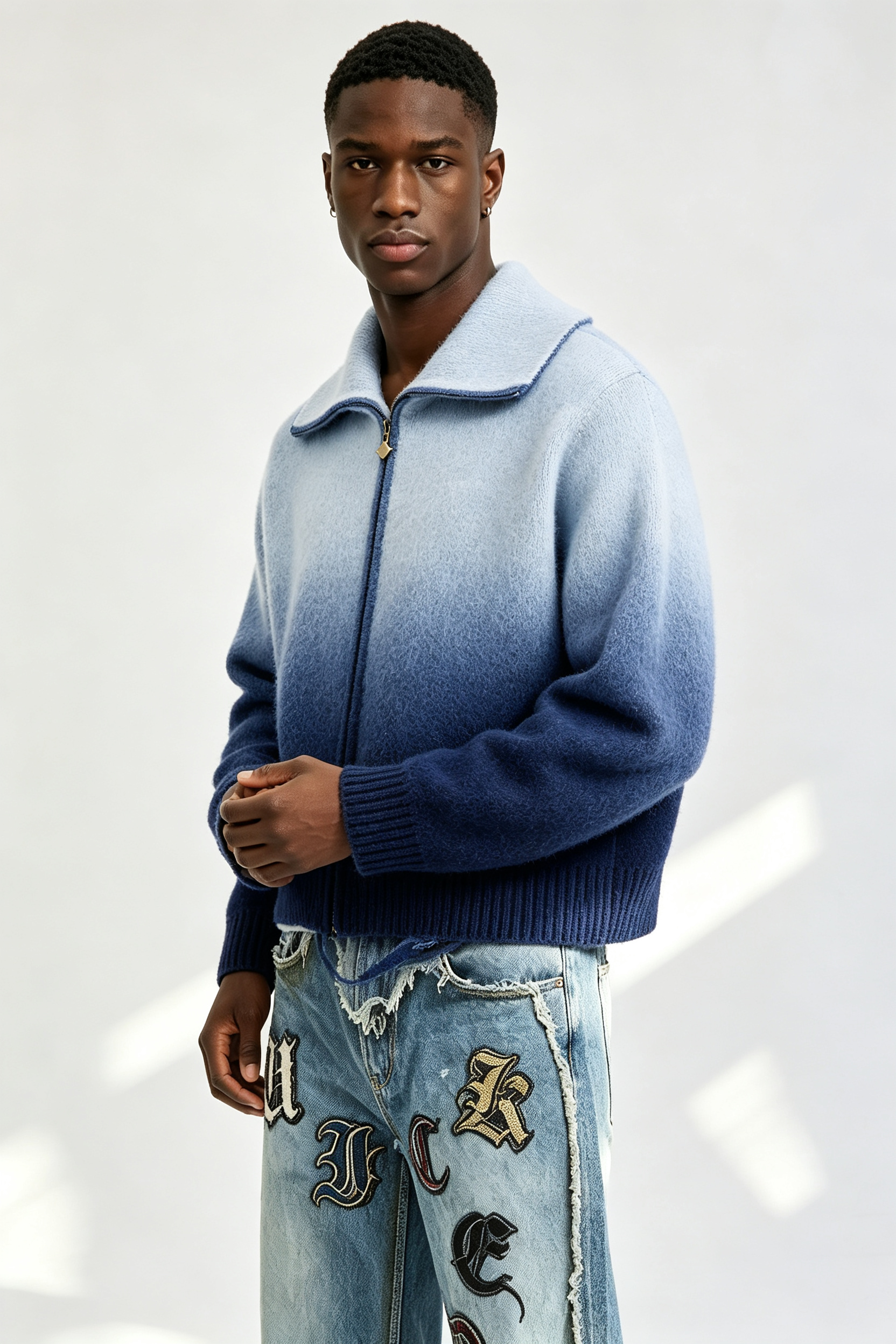 Custom Men Gradient Blue Zip Up Knit Cardigan, Lapel Collar Boxy Streetwear Sweater Jacket