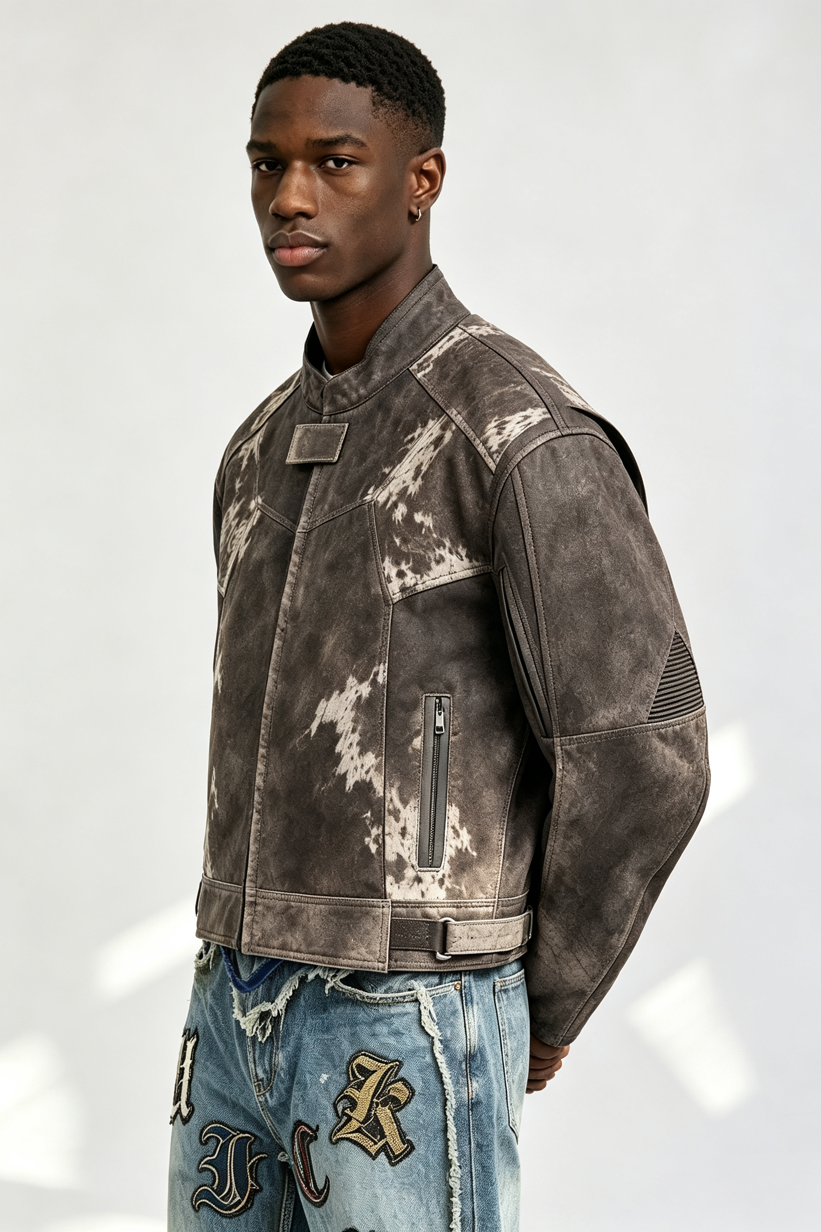 Custom Men Vintage Distressed Cow Print Faux Leather Moto Biker Jacket, Stand Collar Cropped Streetwear Jacket