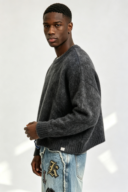Custom Men Distressed Fuzzy Knit Crewneck Sweater, Vintage Washed Boxy Streetwear Pullover