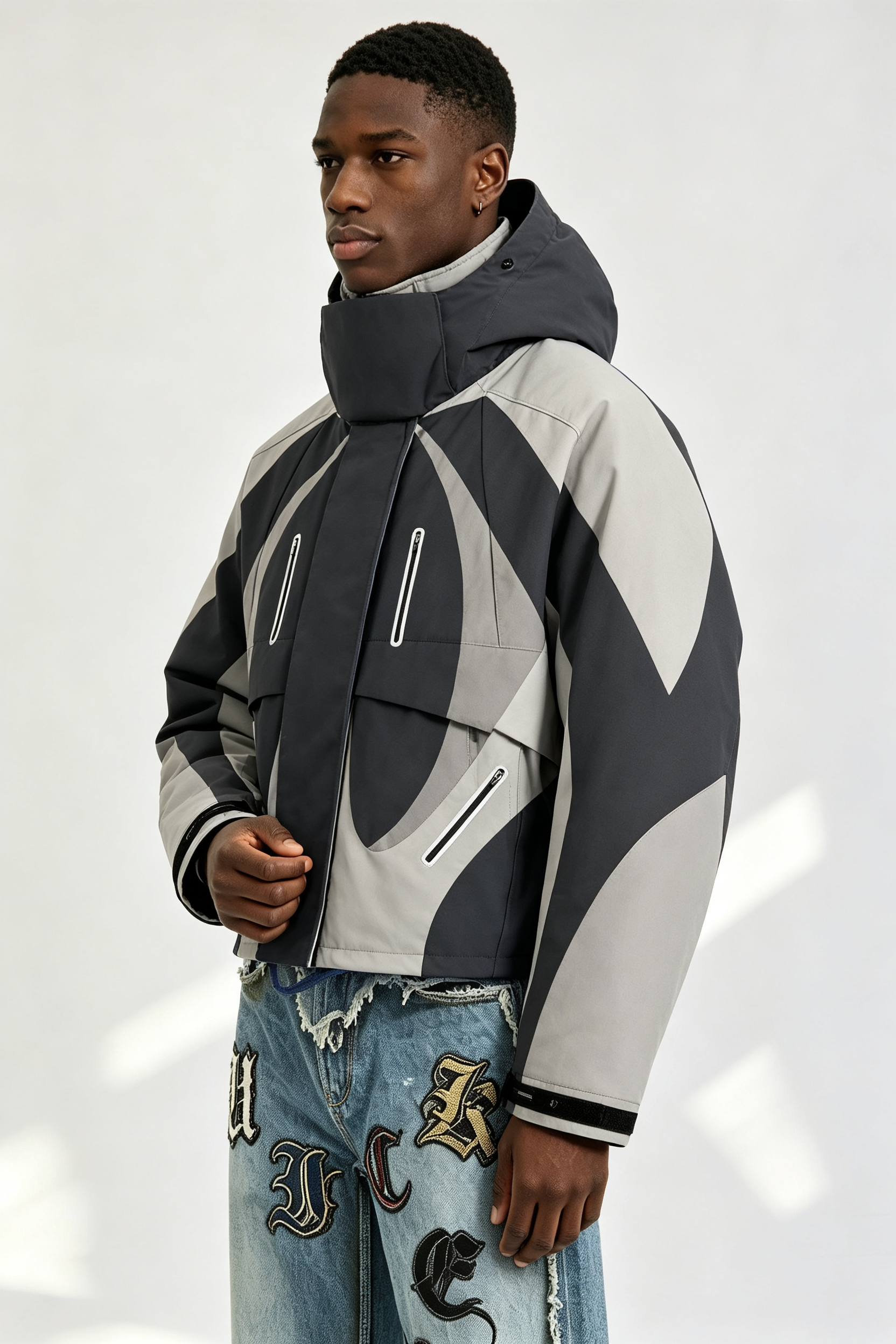 Custom Men Geometric Color Block Hooded Techwear Jacket, Cropped Outdoor Streetwear Windbreaker