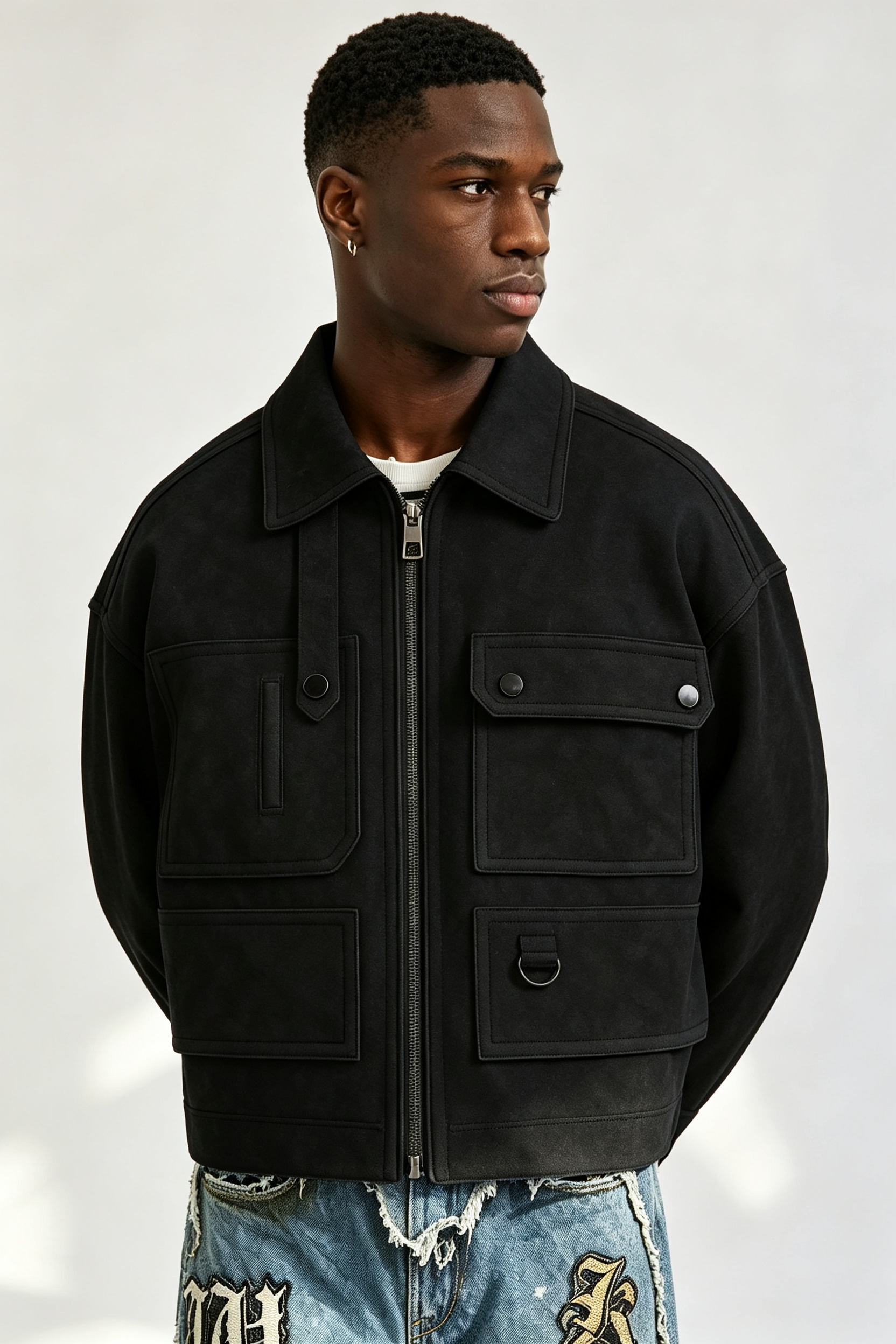 Custom Men Black Multi-Pocket Utility Cargo Jacket, Lapel Collar Cropped Streetwear Suede Jacket