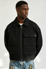 Custom Men Black Multi-Pocket Utility Cargo Jacket, Lapel Collar Cropped Streetwear Suede Jacket