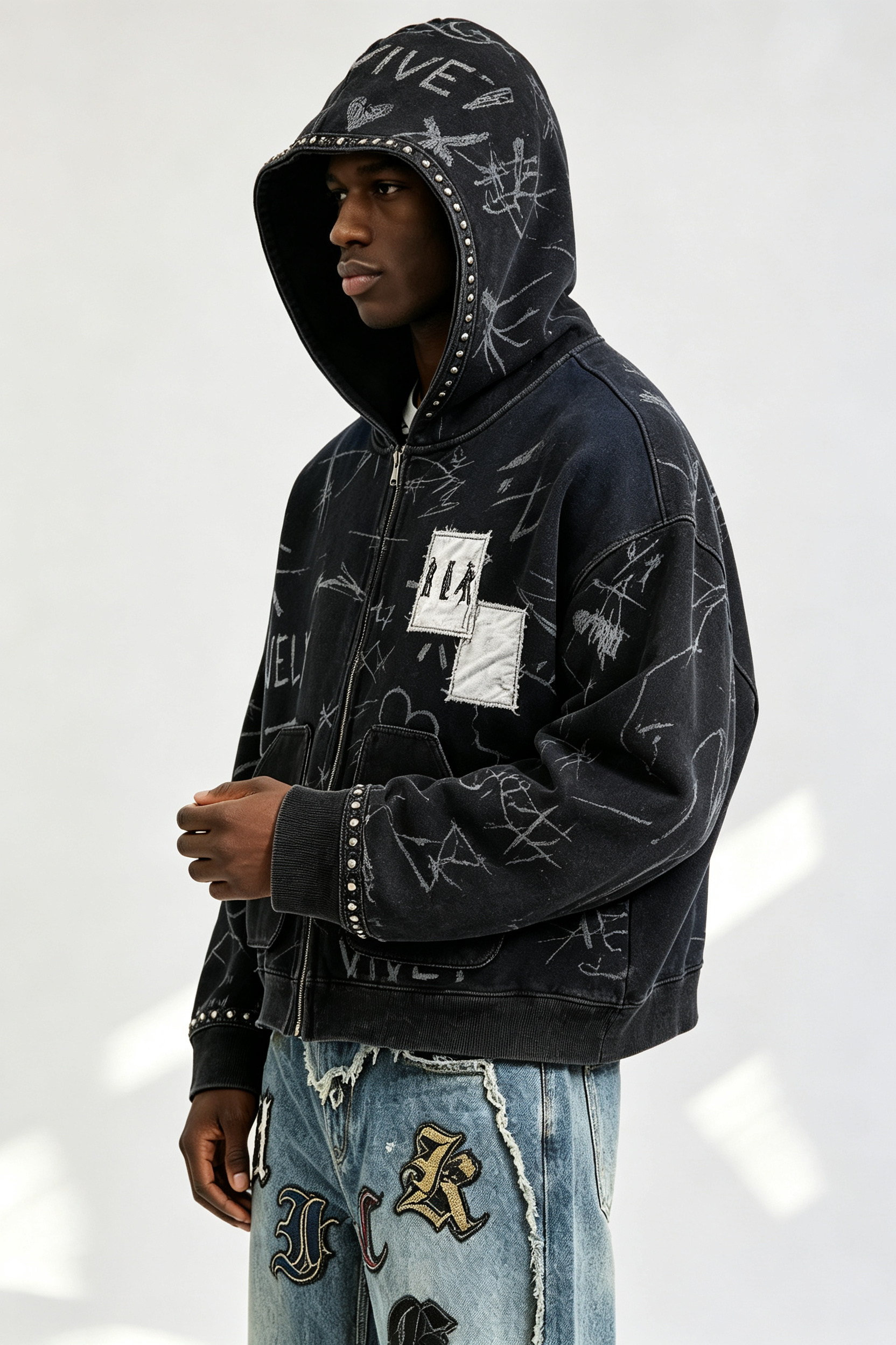 Custom Men Vintage Washed Sketch Print Zip Up Hoodie, Studded Patchwork Streetwear Full Zip Hooded Jacket
