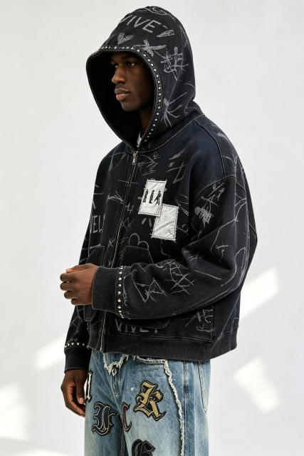 Custom Men Vintage Washed Sketch Print Zip Up Hoodie, Studded Patchwork Streetwear Full Zip Hooded Jacket