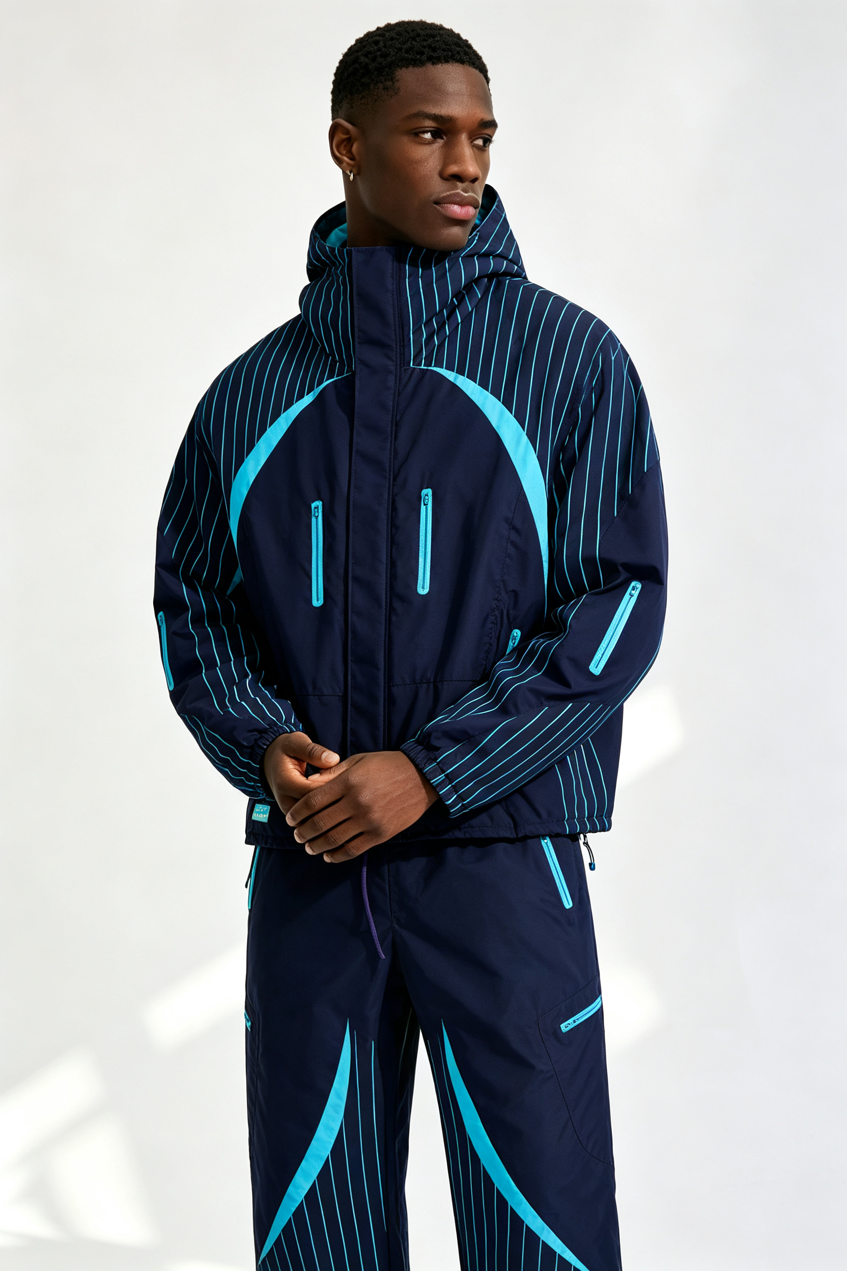 Custom Men Striped Color Block Hooded Tracksuit, 2 Piece Jacket & Pants Streetwear Windbreaker Set