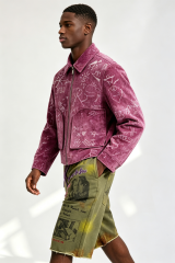 Custom Men Purple Velvet Graffiti Sketch Zip Jacket, Lapel Collar Cropped Streetwear Velour Coat