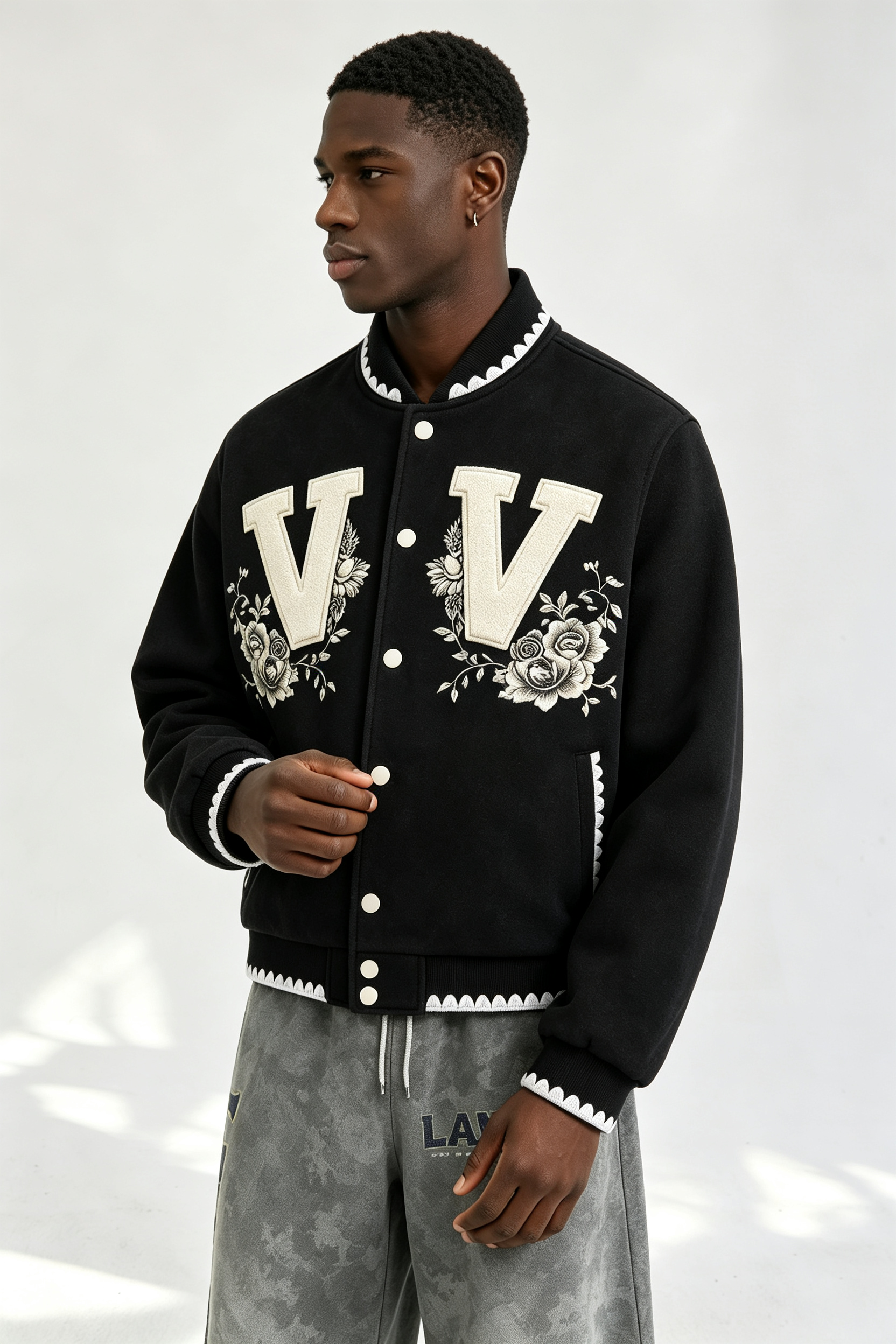 Custom Men Floral Letter Applique Varsity Jacket, Black Wool Blend Streetwear Baseball Coat