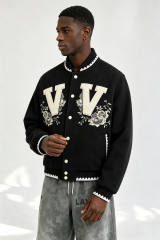 Custom Men Floral Letter Applique Varsity Jacket, Black Wool Blend Streetwear Baseball Coat