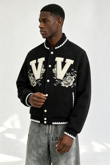 Custom Men Floral Letter Applique Varsity Jacket, Black Wool Blend Streetwear Baseball Coat