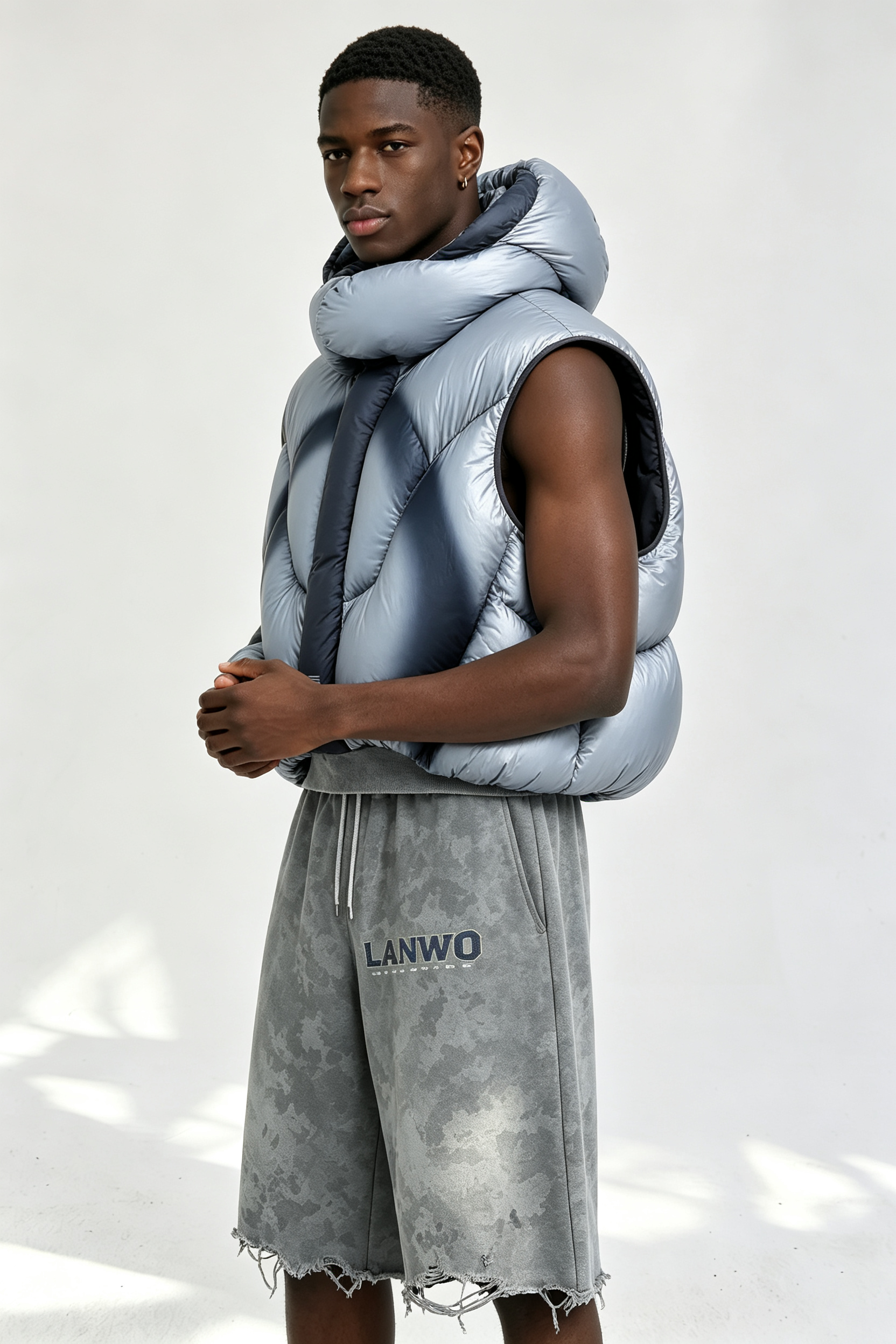Custom Men Gradient Puffer Hooded Vest, Sleeveless Cropped Streetwear Quilted Gilet