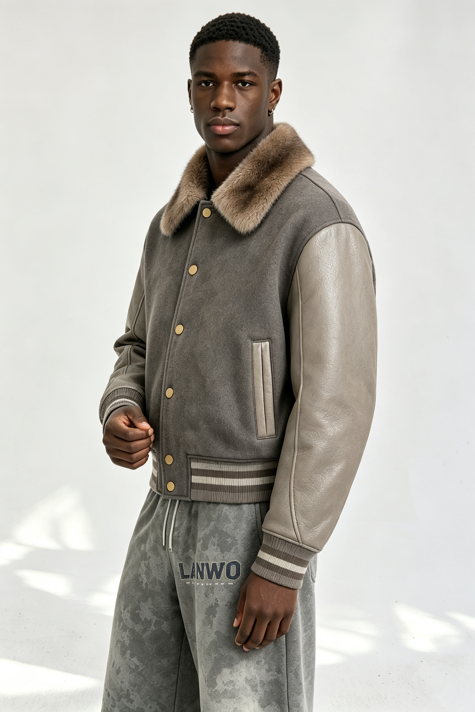 Custom Men Fur Collar Wool Blend Varsity Jacket, Leather Sleeve Vintage Streetwear Baseball Coat