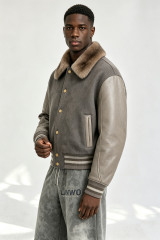 Custom Men Fur Collar Wool Blend Varsity Jacket, Leather Sleeve Vintage Streetwear Baseball Coat