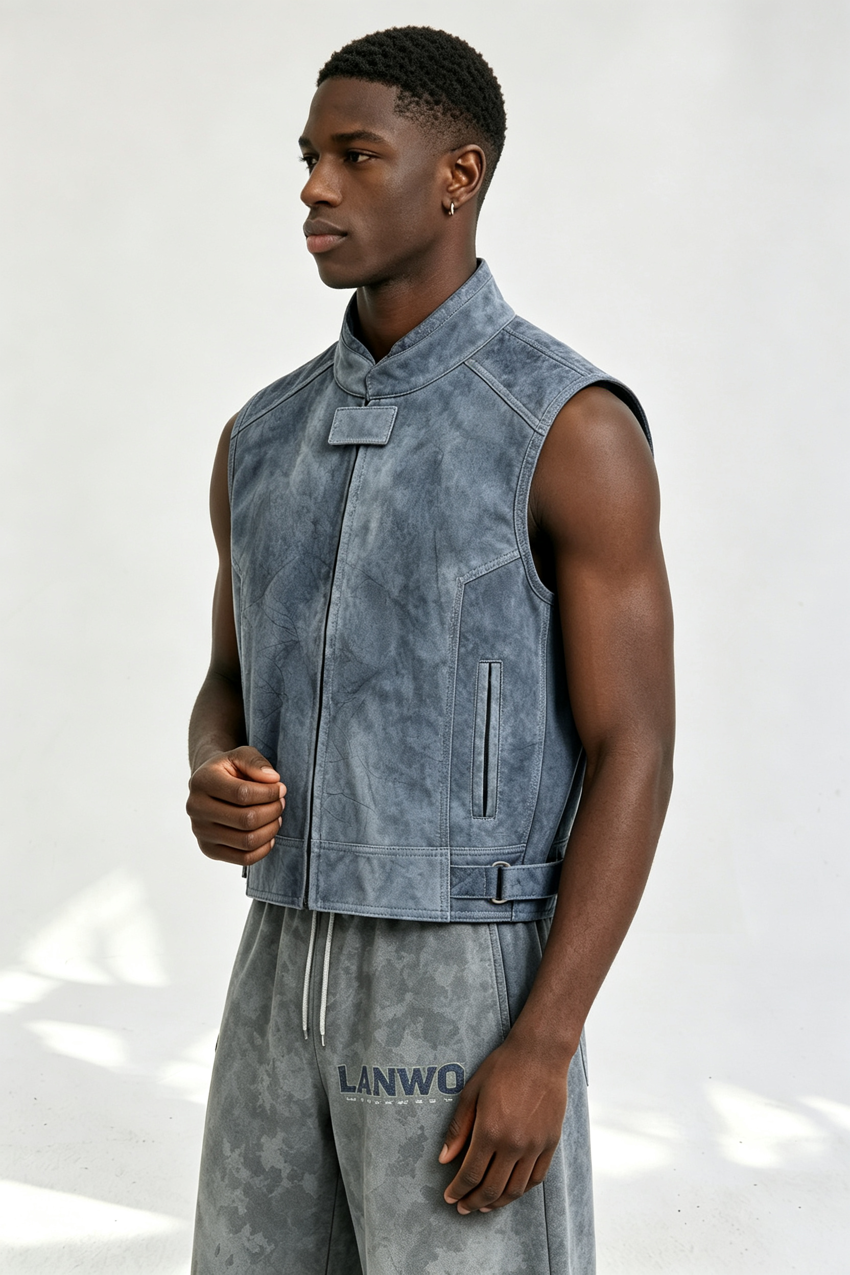 Custom Men Vintage Washed Faux Leather Vest, Stand Collar Sleeveless Streetwear Moto Waistcoat