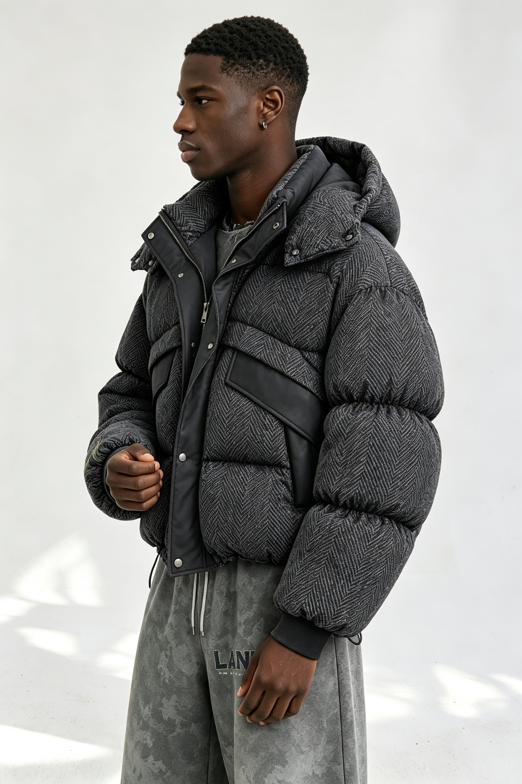 Custom Men Herringbone Hooded Puffer Jacket, Mixed Fabric Quilted Winter Streetwear Coat