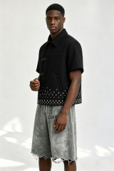 Custom Men Buckle Fasten Short Sleeve Jacket, Black Geometric Embroidery Streetwear Cropped Shirt Coat
