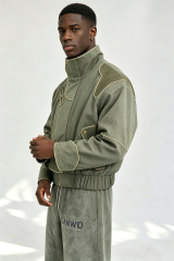 Custom Men Chinese Frog Button Stand Collar Jacket, Flame Print Sleeve Retro Streetwear Oversized Bomber