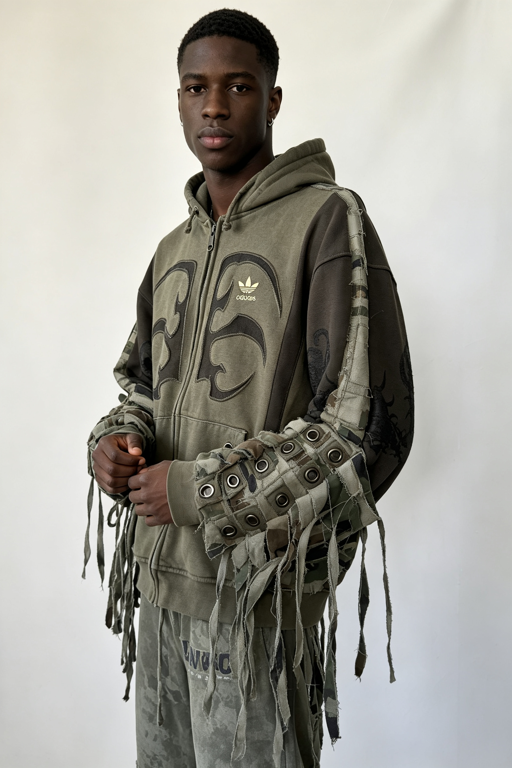 Custom Men Patchwork Fringe Zip Up Hoodie, Distressed Camo Splicing Streetwear Oversized Hooded Jacket