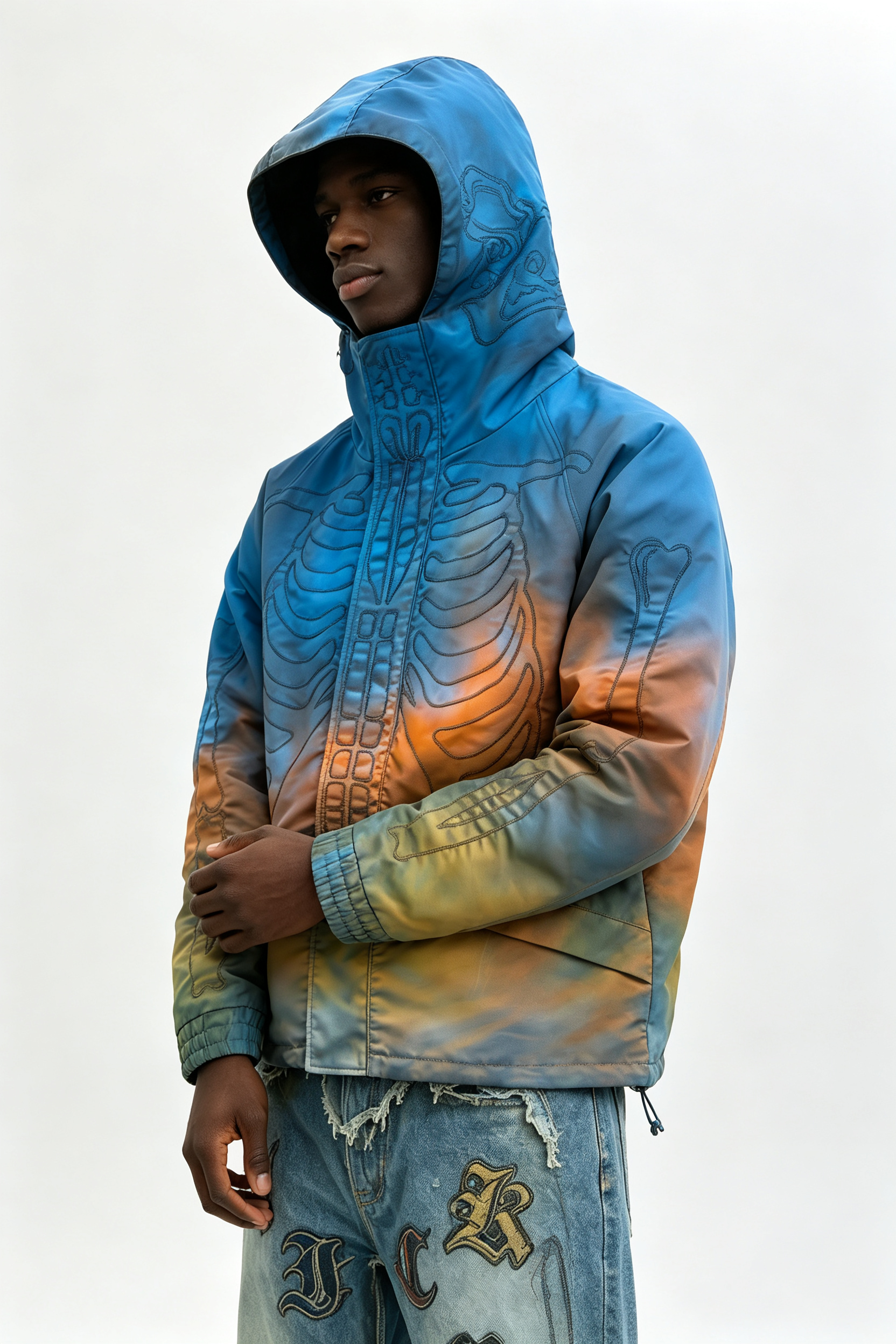 Custom Men Gradient Skeleton Embroidery Hooded Jacket, Tie Dye Skull Bones Streetwear Oversized Windbreaker