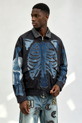 Custom Men Skeleton Denim Patch Bomber Jacket, Leather Collar Raw Edge Bone Applique Streetwear Oversized Jacket
