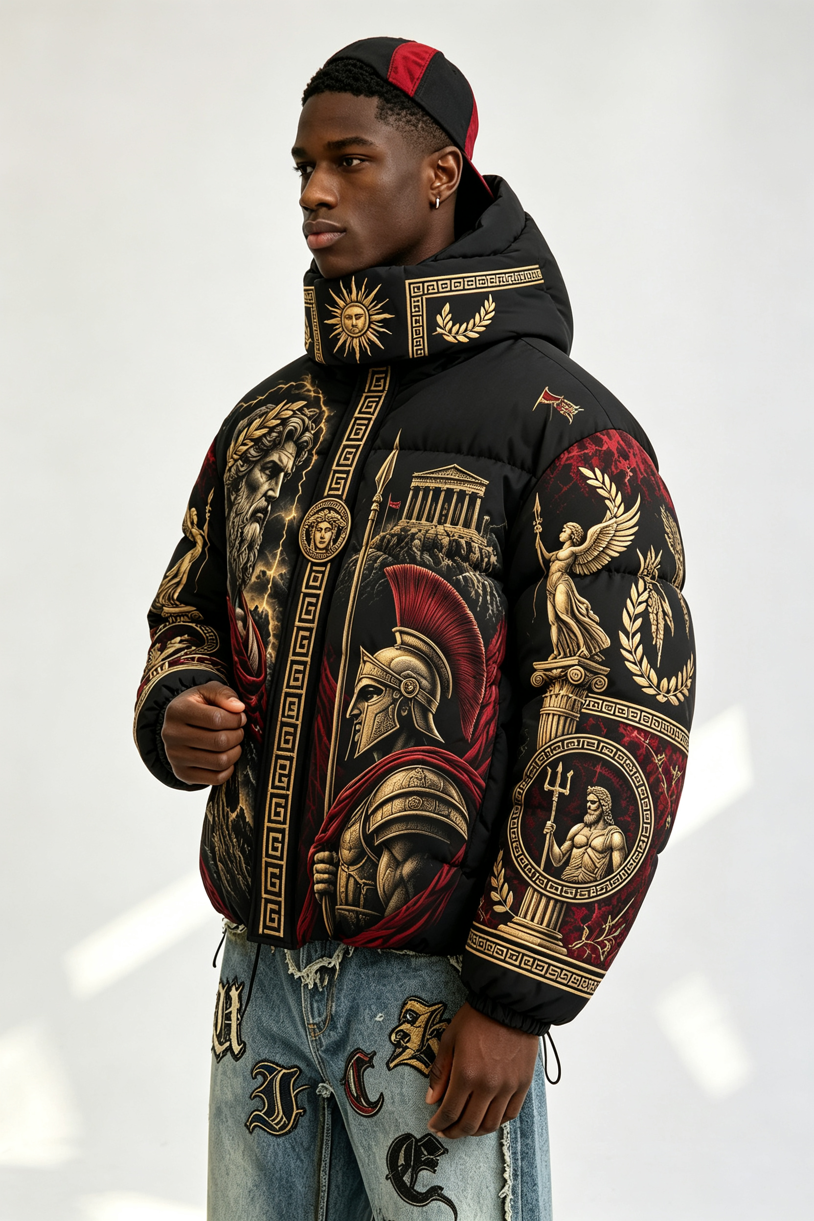 Custom Men Greek Mythology Print Hooded Puffer Jacket, Ancient Roman God Graphic Oversized Winter Padded Coat