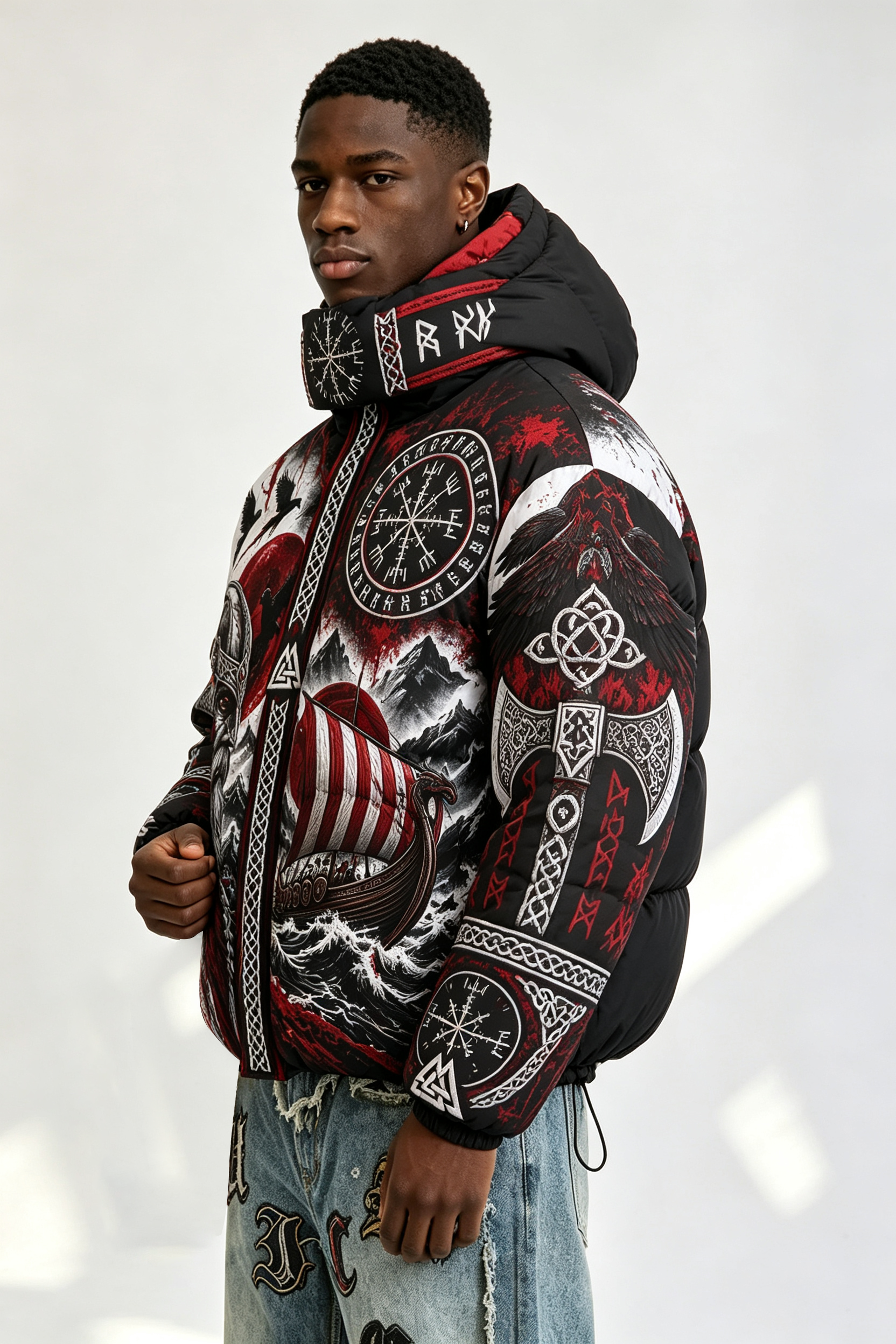 Custom Men Viking Norse Graphic Hooded Puffer Jacket, Rune Compass Print Winter Streetwear Oversized Padded Coat