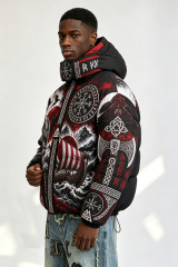 Custom Men Viking Norse Graphic Hooded Puffer Jacket, Rune Compass Print Winter Streetwear Oversized Padded Coat