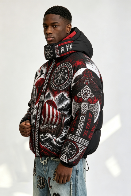 Custom Men Viking Norse Graphic Hooded Puffer Jacket, Rune Compass Print Winter Streetwear Oversized Padded Coat