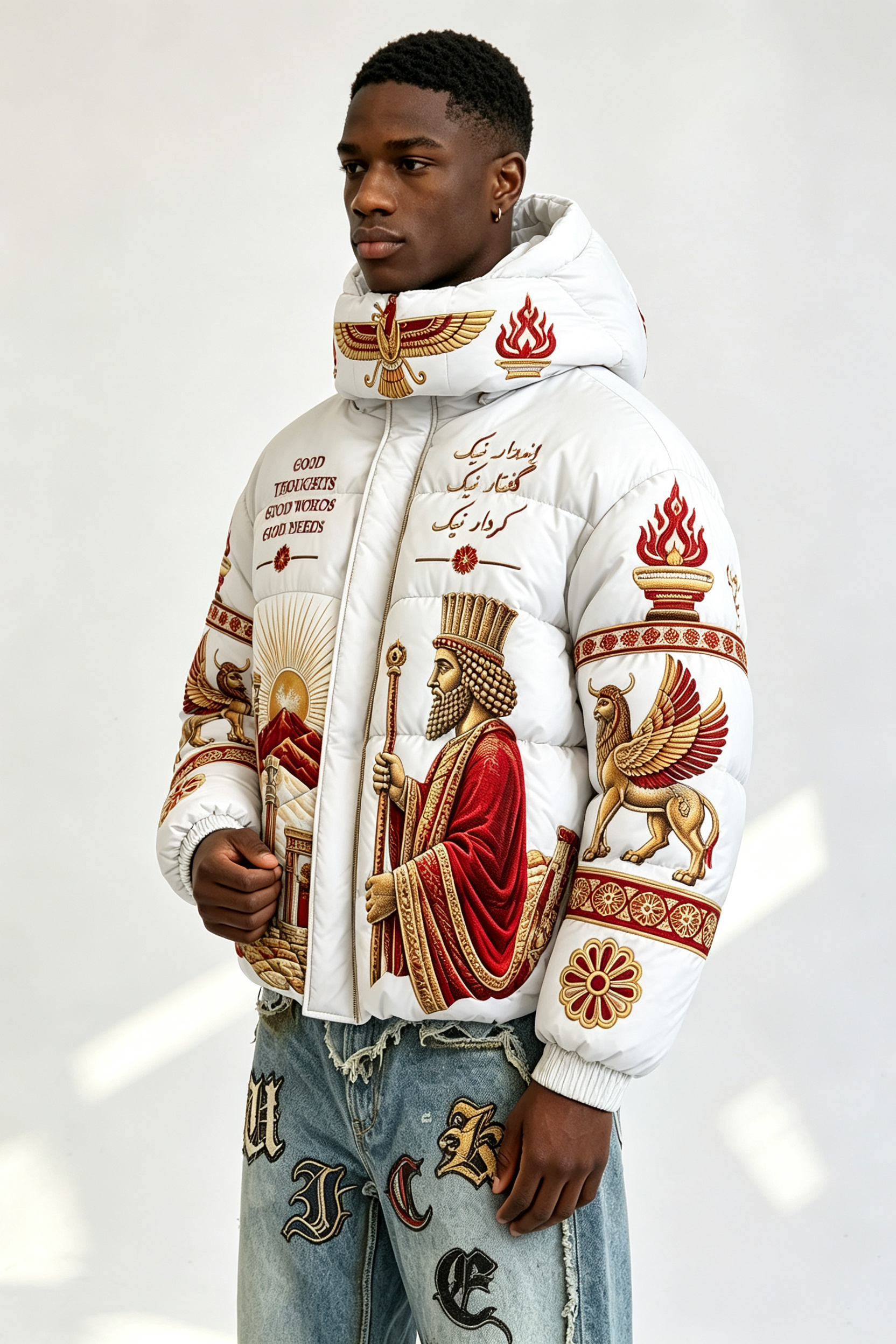 Custom Men Persian Ancient Civilization Print Hooded Puffer Jacket, King & Winged Beast Graphic Oversized Winter Padded Coat