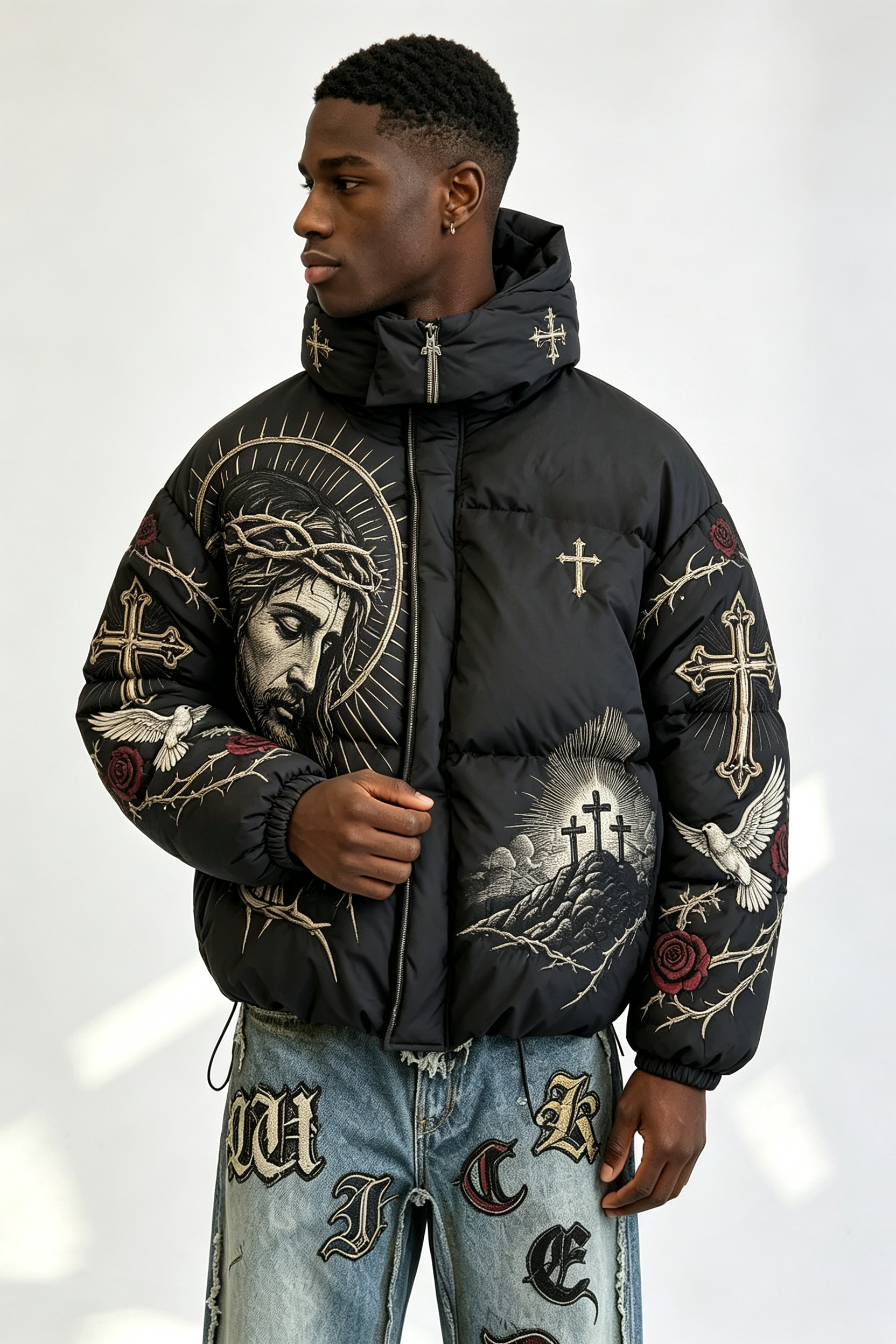 Custom Men Religious Gothic Cross Rose Hooded Puffer Jacket, Jesus Graphic Embroidery Winter Streetwear Oversized Padded Coat