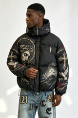 Custom Men Religious Gothic Cross Rose Hooded Puffer Jacket, Jesus Graphic Embroidery Winter Streetwear Oversized Padded Coat
