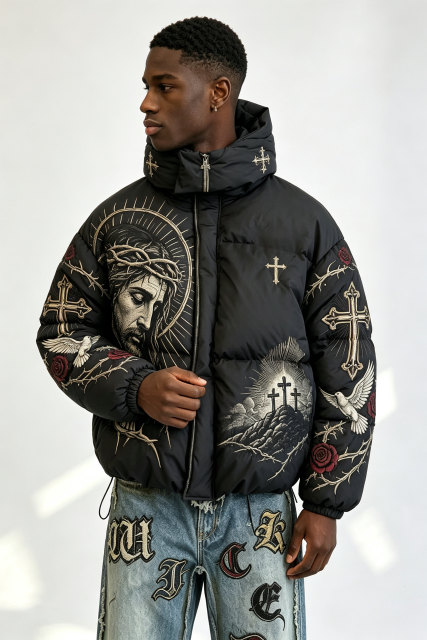 Custom Men Religious Gothic Cross Rose Hooded Puffer Jacket, Jesus Graphic Embroidery Winter Streetwear Oversized Padded Coat