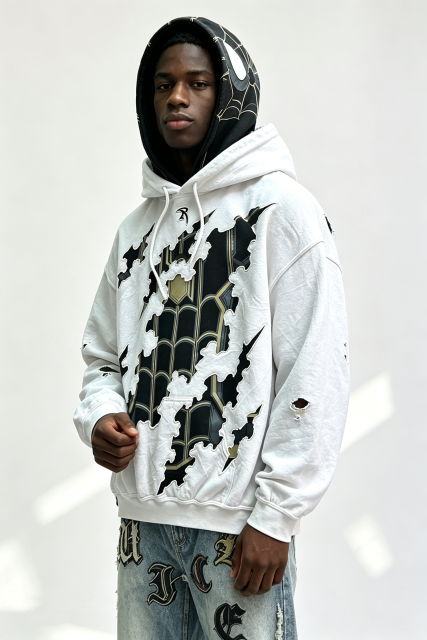 Custom Men Double Layer Spider Graphic Distressed Hoodie, Ripped Cutout Streetwear Oversized Pullover Hooded Sweatshirt