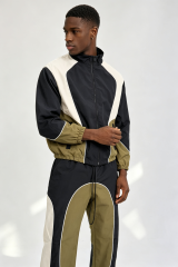 Custom Men Color Block Tracksuit Set, Retro Panel Windbreaker Jacket & Flare Pants 2 Piece Streetwear Outfit