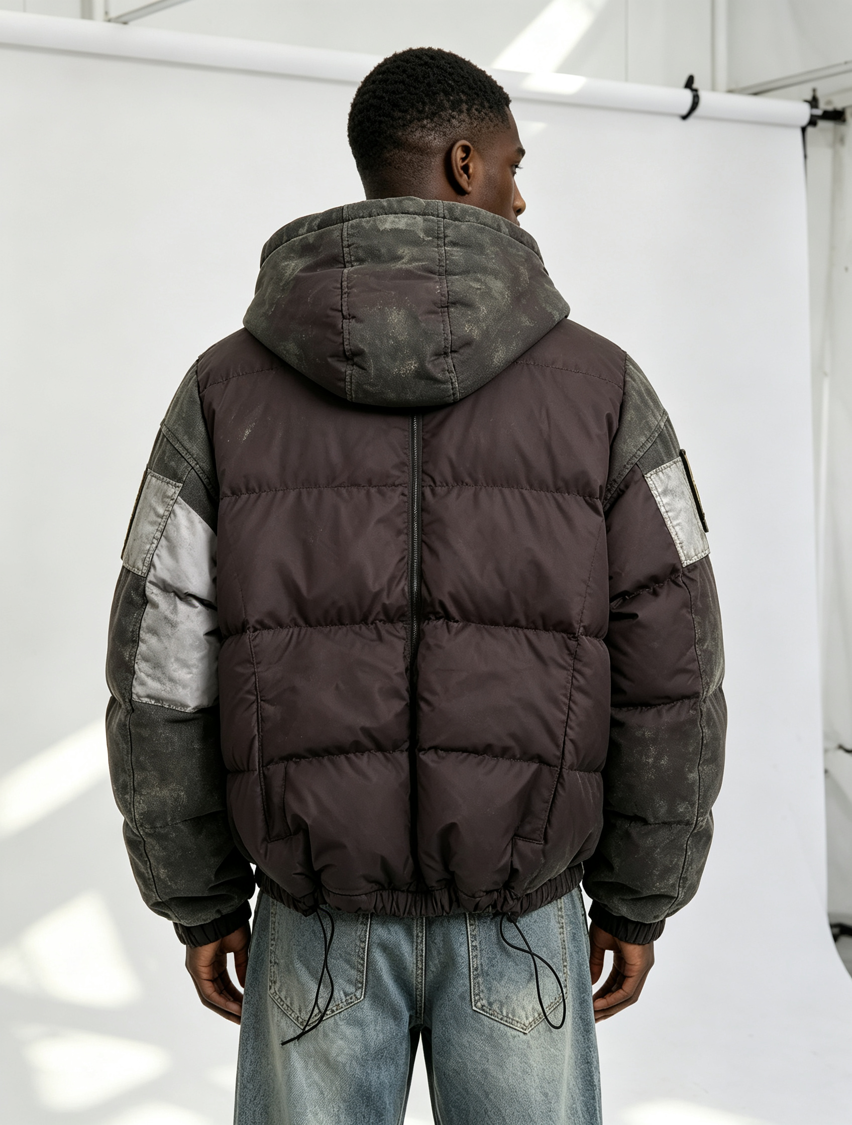Custom Men Vintage Washed Spliced Hooded Puffer Jacket, Denim Patchwork Distressed Streetwear Winter Padded Coat