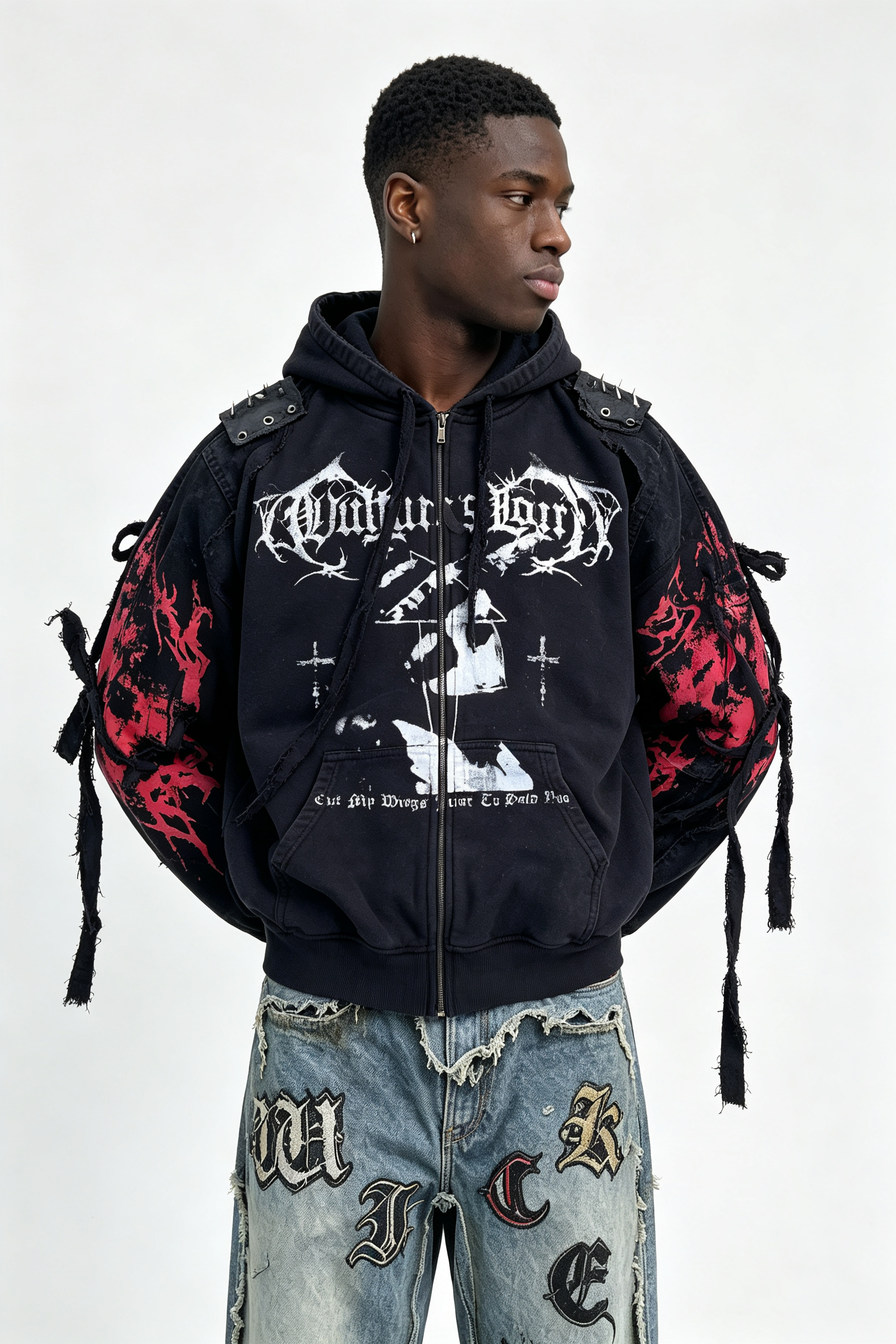 Custom Men Gothic Distressed Zip Up Hoodie, Spike Shoulder Strap Frayed Ribbon Dark Punk Streetwear Hooded Jacket