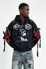 Custom Men Gothic Distressed Zip Up Hoodie, Spike Shoulder Strap Frayed Ribbon Dark Punk Streetwear Hooded Jacket