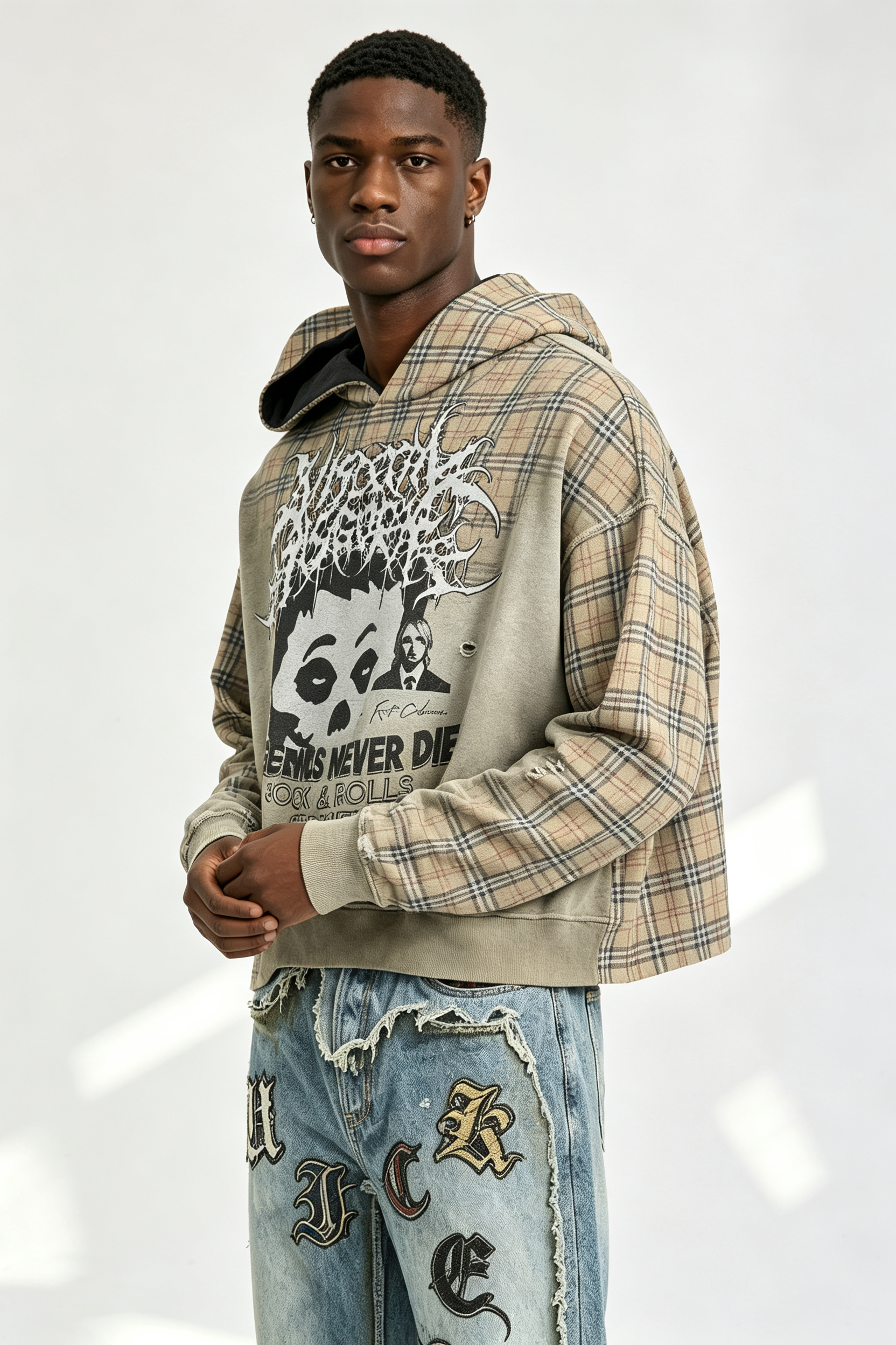 Custom Men Plaid Gothic Skull Portrait Hoodie, Contrast Lining Heavy Fleece Cropped Oversized Streetwear Pullover Sweatshirt
