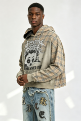 Custom Men Plaid Gothic Skull Portrait Hoodie, Contrast Lining Heavy Fleece Cropped Oversized Streetwear Pullover Sweatshirt