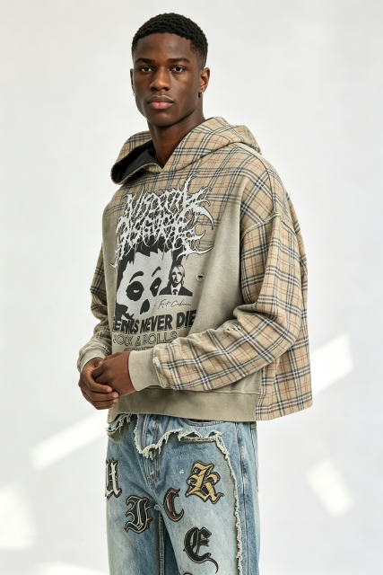 Custom Men Plaid Gothic Skull Portrait Hoodie, Contrast Lining Heavy Fleece Cropped Oversized Streetwear Pullover Sweatshirt
